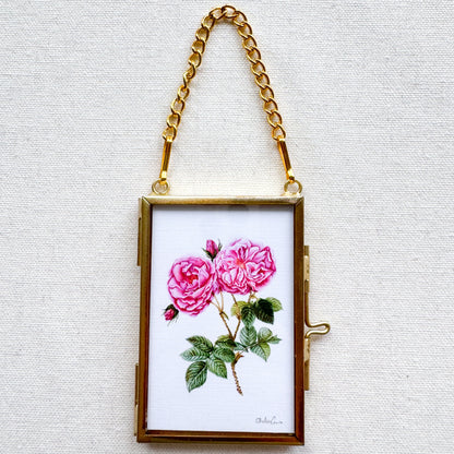 Rose Botanical Illustration Glass Frame Ornament
