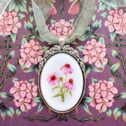 Purple Coneflower Botanical Illustration Oval Frame Ornament