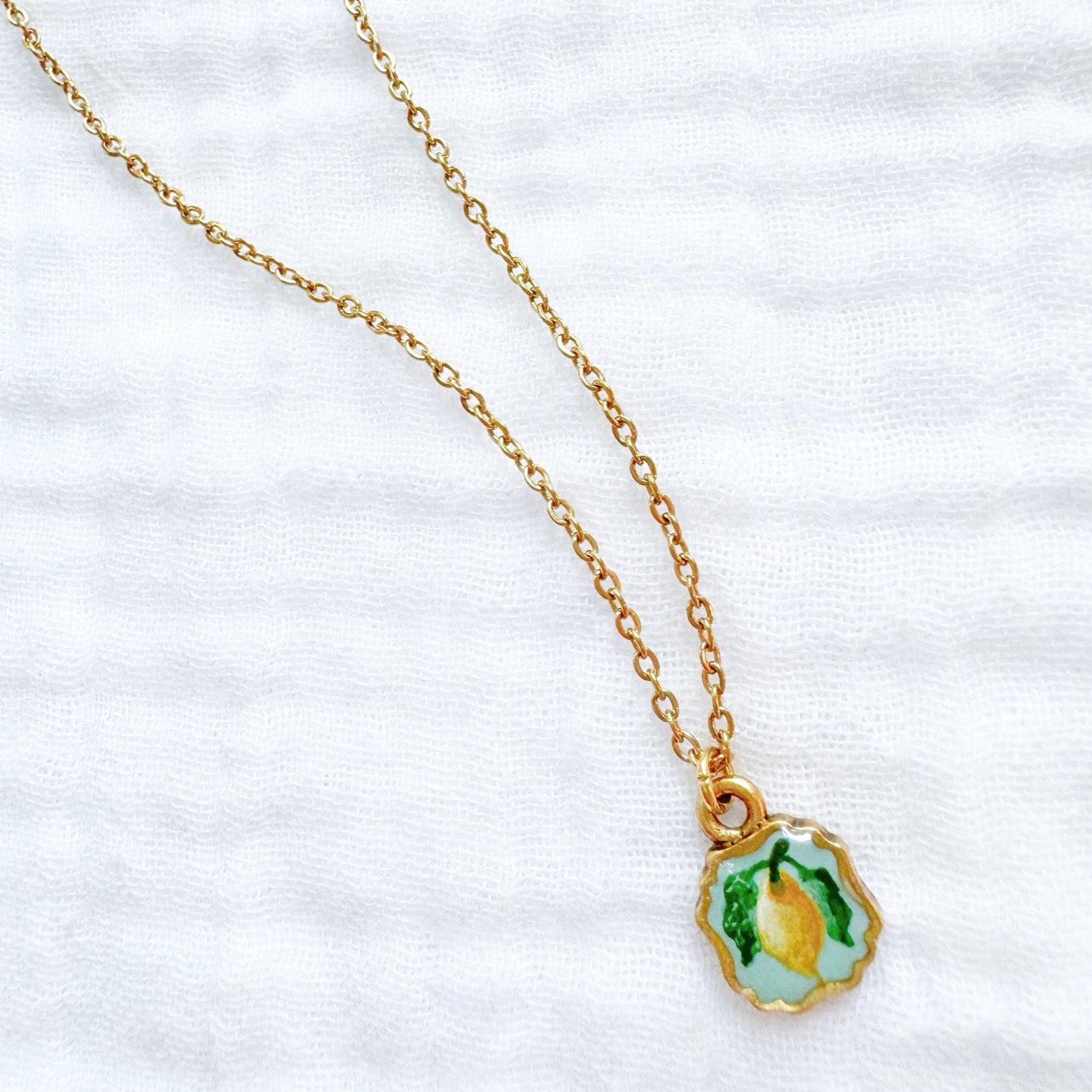 Hand-painted Botanical Lemon Mini Frame Necklace | Gold