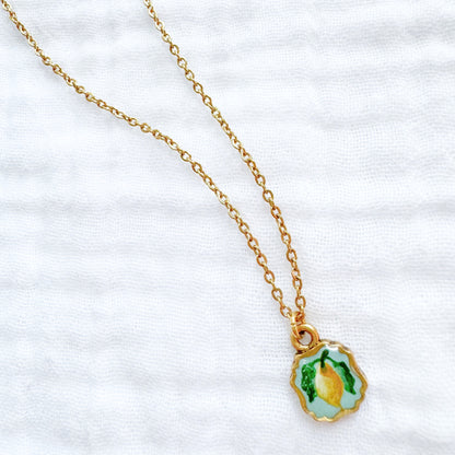 Hand-painted Botanical Lemon Mini Frame Necklace | Gold
