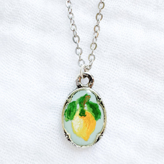 Hand-painted Botanical Lemon Mini Ornate Necklace | Silver