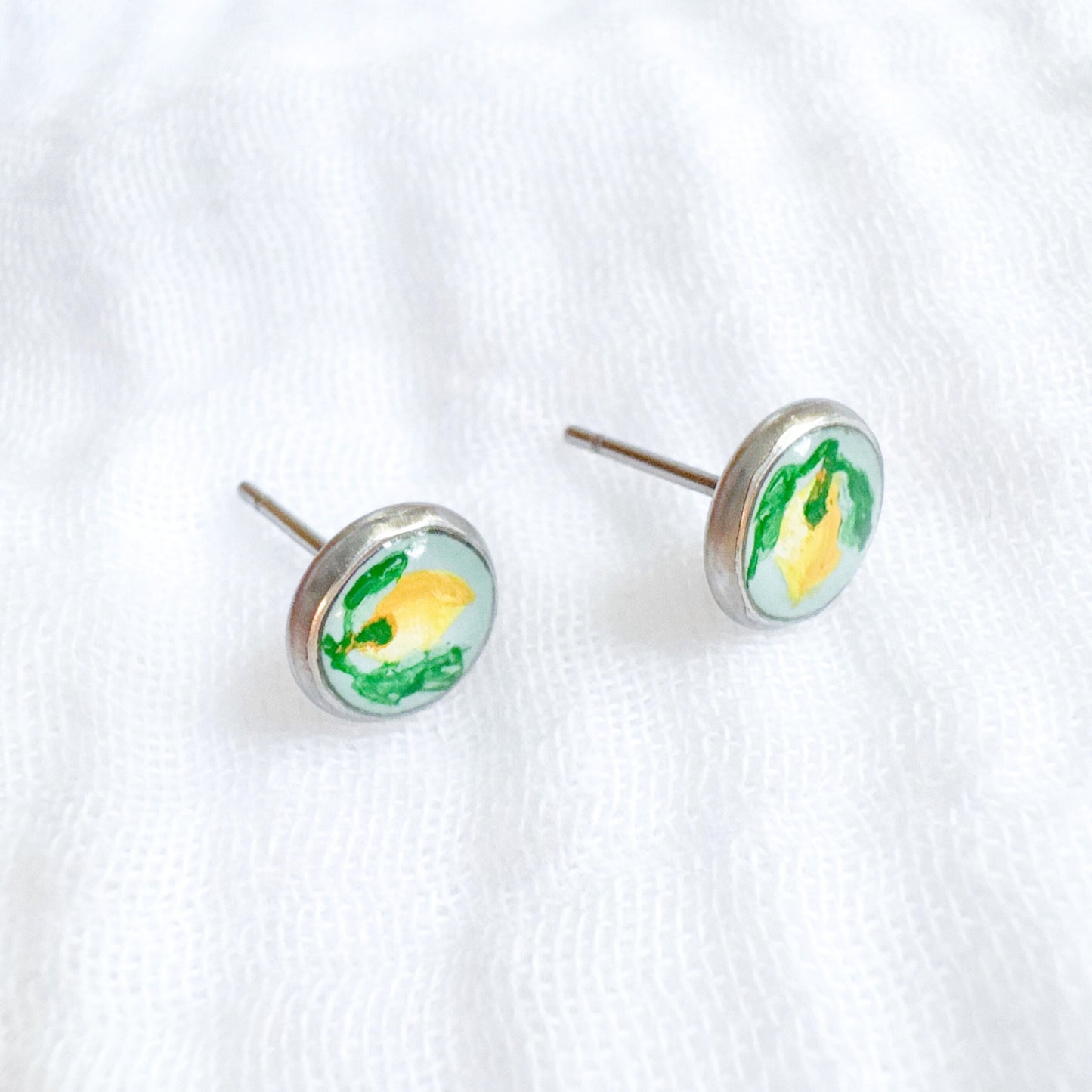 Hand-painted Botanical Lemon Earrings | Silver
