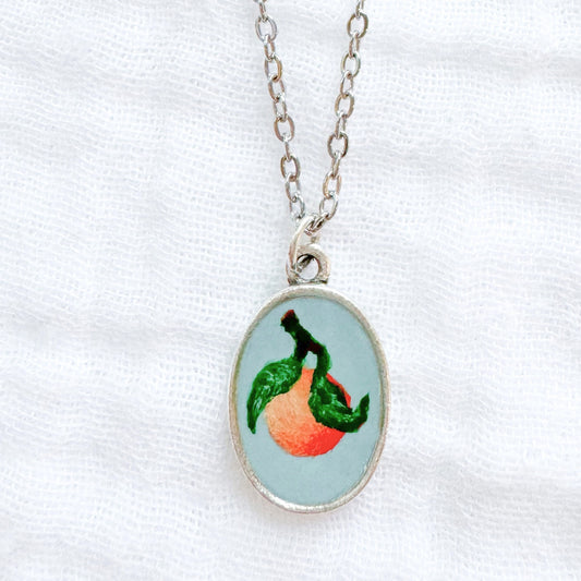 Hand-painted Botanical Orange Classic Oval Necklace | Silver