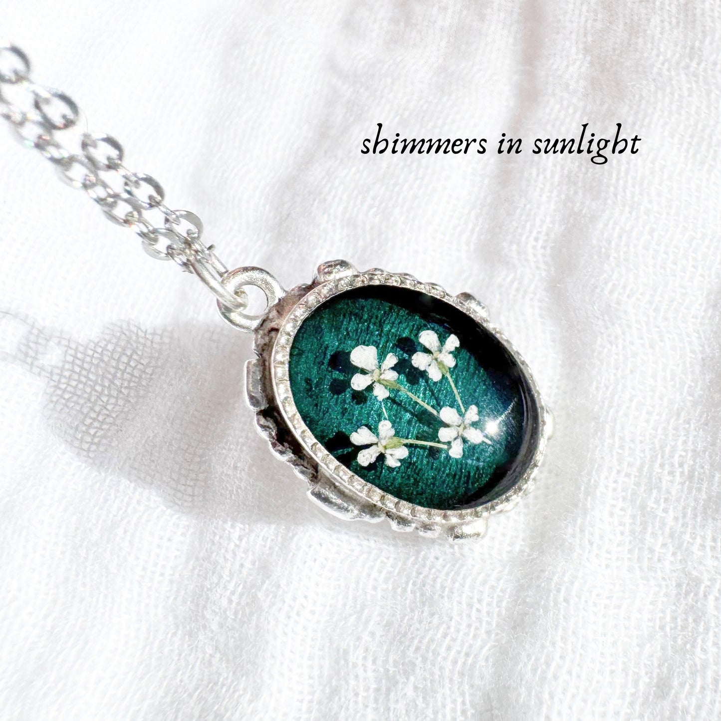 Bronwyn Ornate Pressed Flower Necklace | Silver