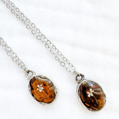 Amber Mini Ornate Pressed Flower Necklace | Brownish-orange, Silver