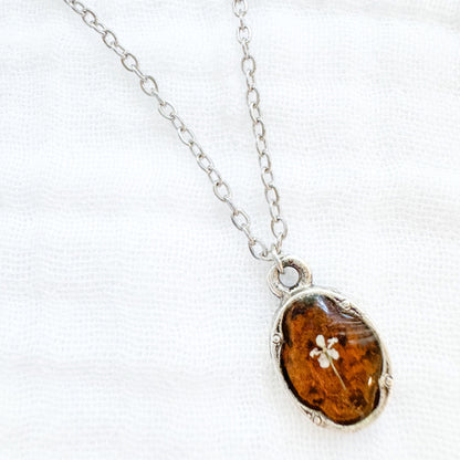 Amber Mini Ornate Pressed Flower Necklace | Brownish-orange, Silver