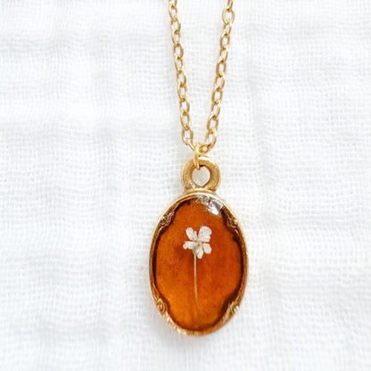 Amber Mini Ornate Pressed Flower Necklace | Brownish-orange, Gold