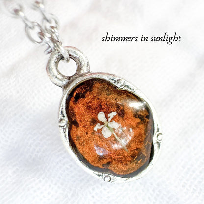 Amber Mini Ornate Pressed Flower Necklace | Brownish-orange, Silver