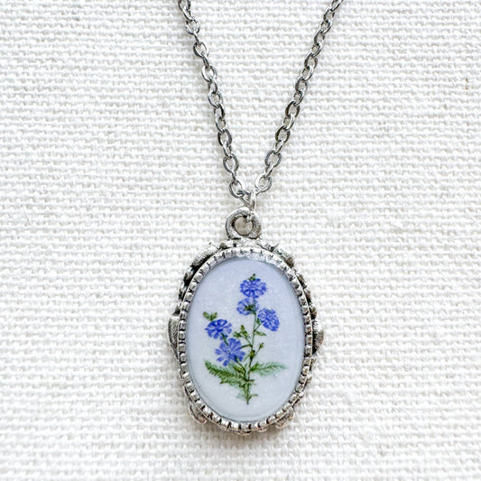 Chicory Botanical Illustration Pendant Necklace | Silver