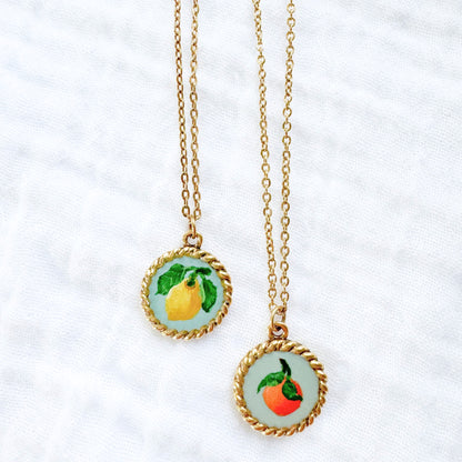 Hand-painted Botanical Orange Nautical Necklace | Gold