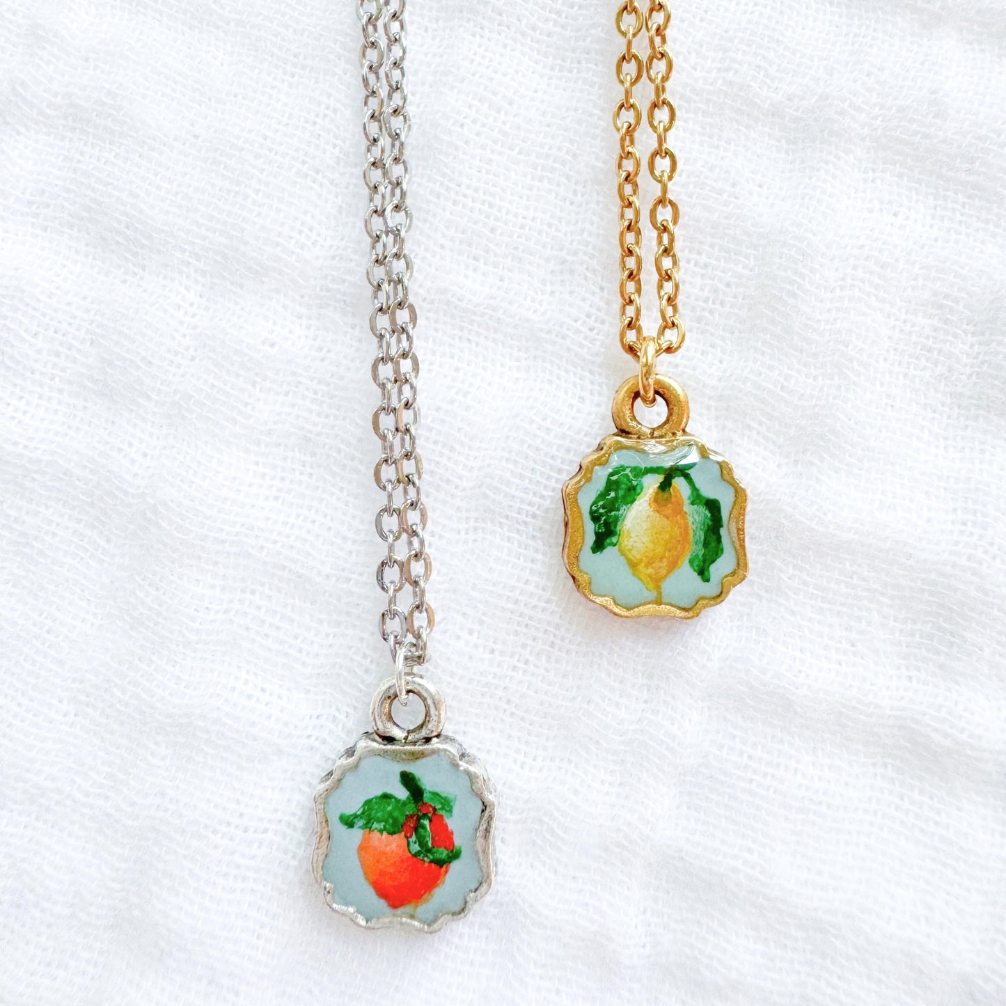 Hand-painted Botanical Lemon Mini Frame Necklace | Gold