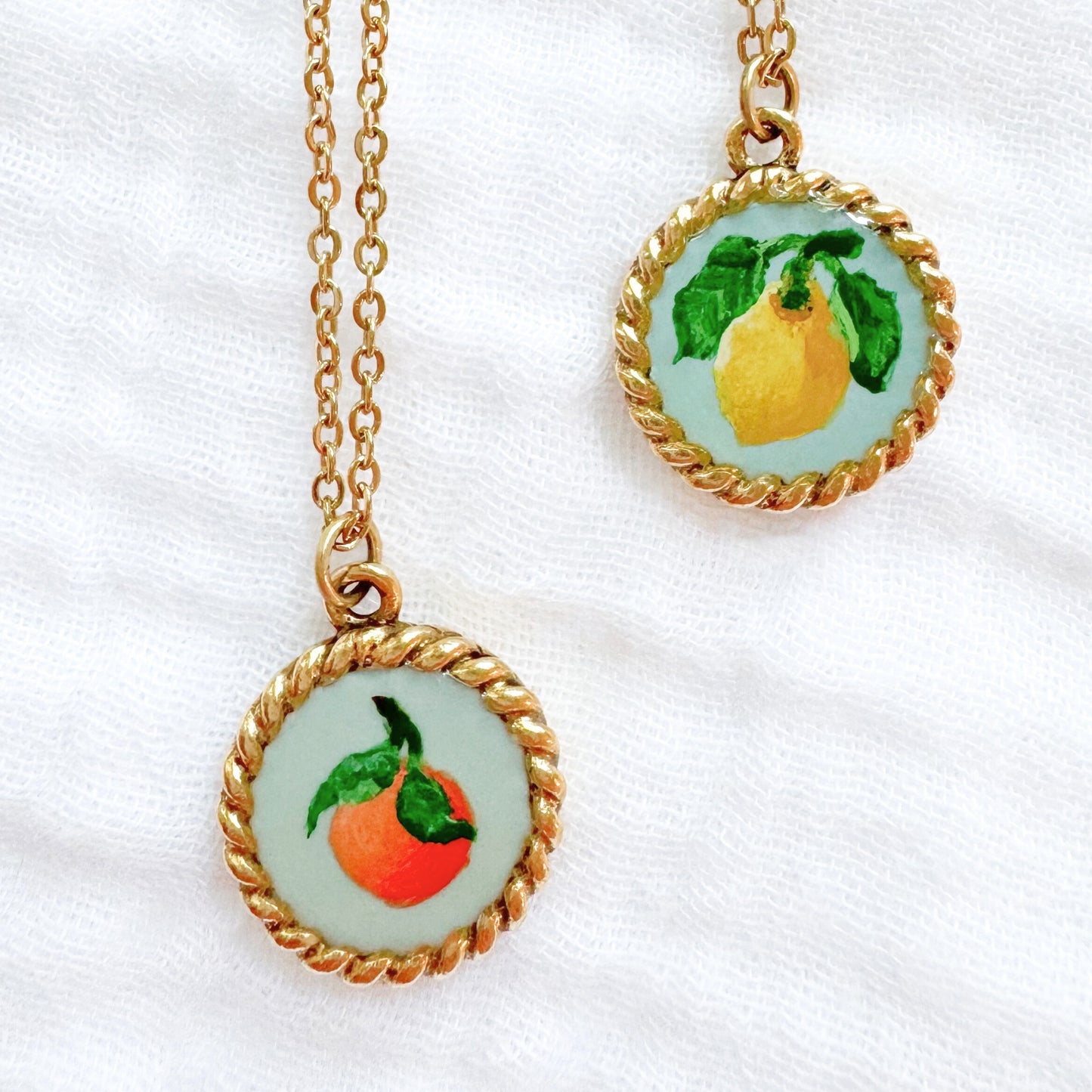 Hand-painted Botanical Lemon Nautical Necklace | Gold