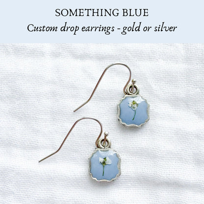*Custom* Something Blue Pressed Flower Drop Earrings | Gold or Silver