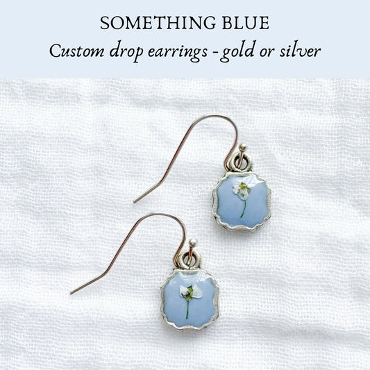 *Custom* Something Blue Pressed Flower Drop Earrings | Gold or Silver