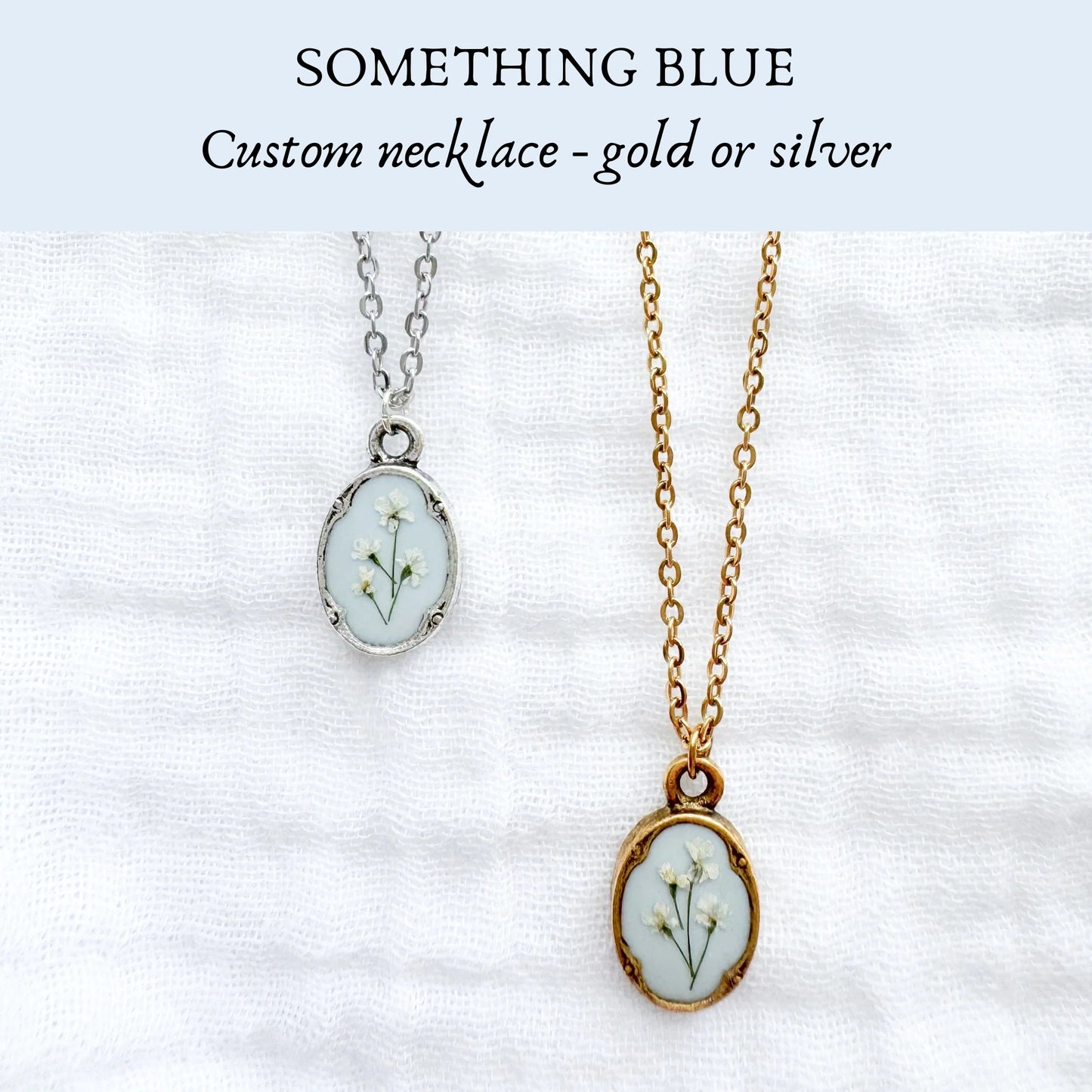 *Custom* Something Blue Pressed Flower Necklace | Gold or Silver