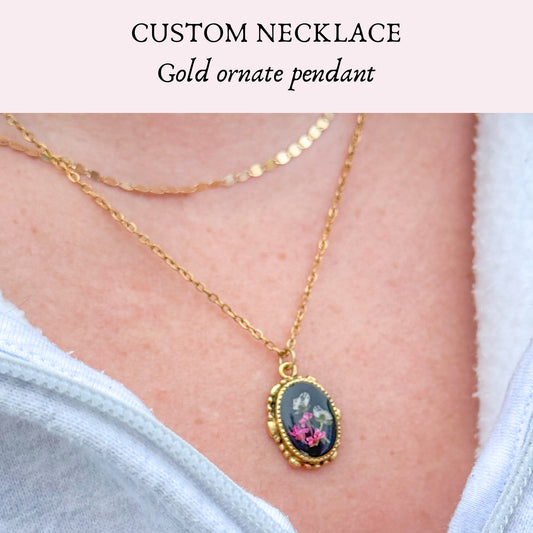 *Custom* Ornate Pressed Flower Necklace | Gold