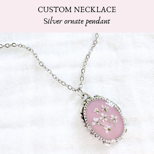 *Custom* Ornate Pressed Flower Necklace | Silver
