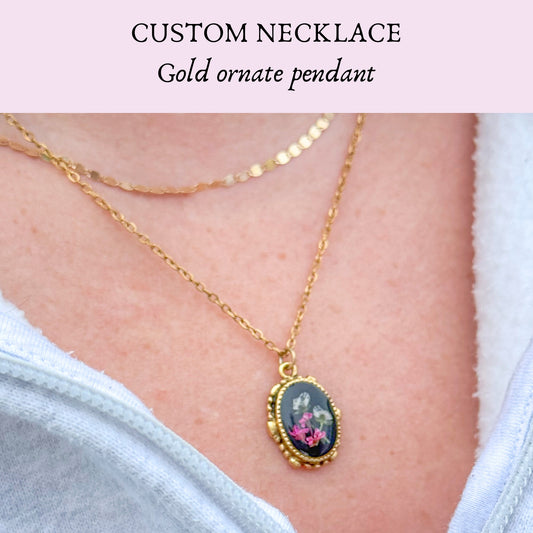 *Custom* Ornate Pressed Flower Necklace | Gold