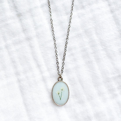 *Custom* Barb Classic Oval Pressed Flower Necklace | Silver
