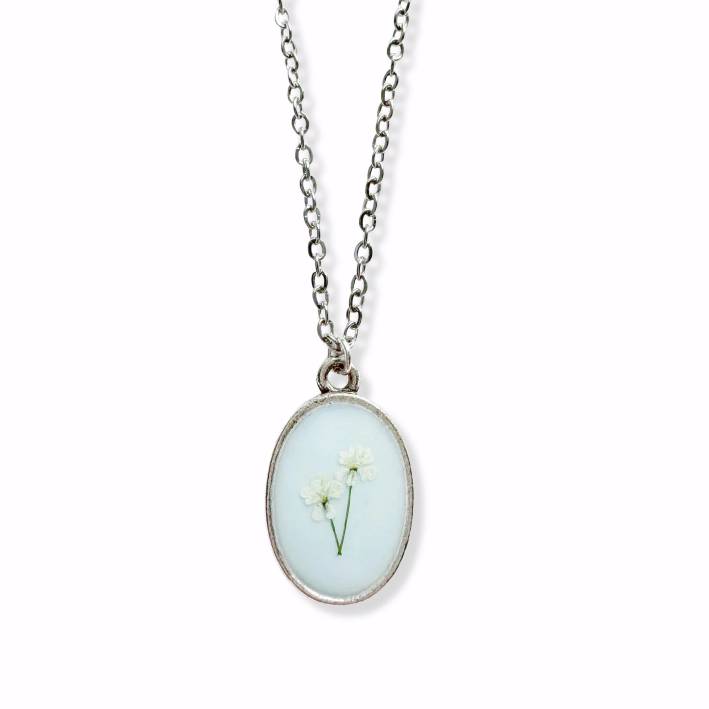 *Custom* Barb Classic Oval Pressed Flower Necklace | Silver