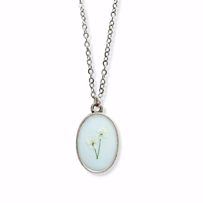 *Custom* Barb Classic Oval Pressed Flower Necklace | Silver