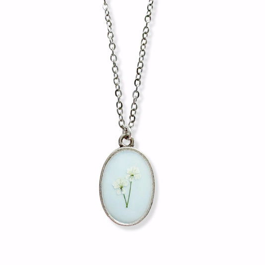 *Custom* Barb Classic Oval Pressed Flower Necklace | Silver