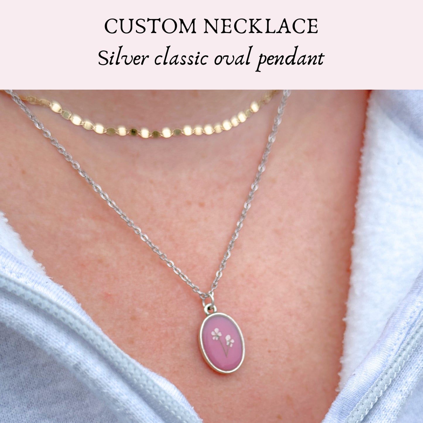 *Custom* Classic Oval Pressed Flower Necklace | Silver