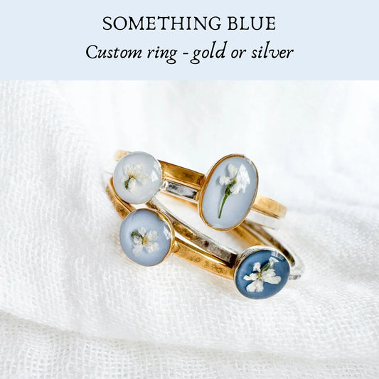 *Custom* Something Blue Pressed Flower Ring | Gold or Silver