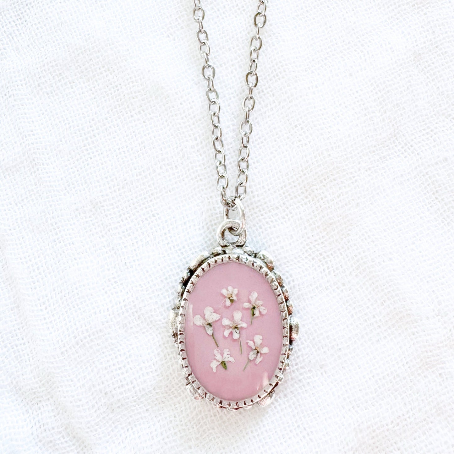 Edwina Ornate Pressed Flower Necklace | Silver