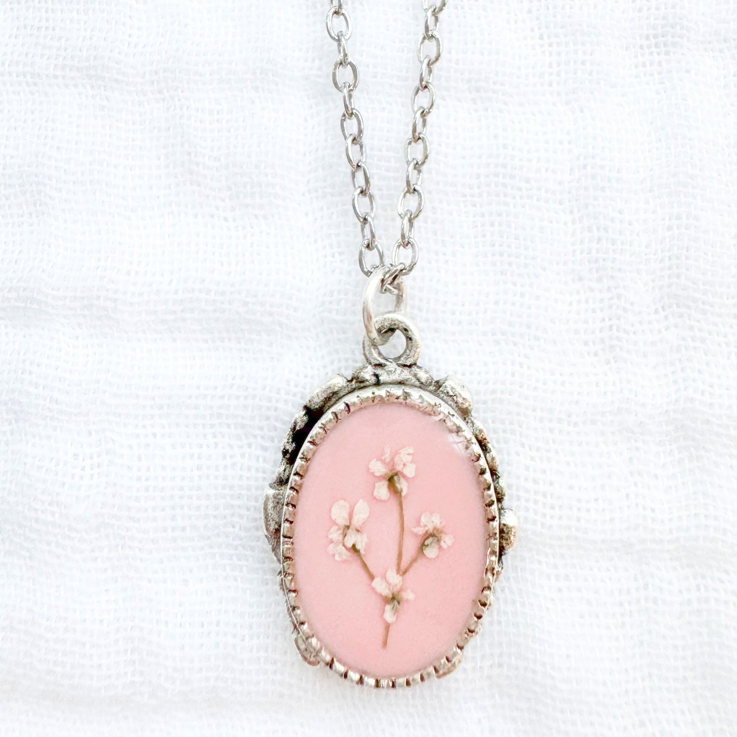 Emma Ornate Pressed Flower Necklace | Silver