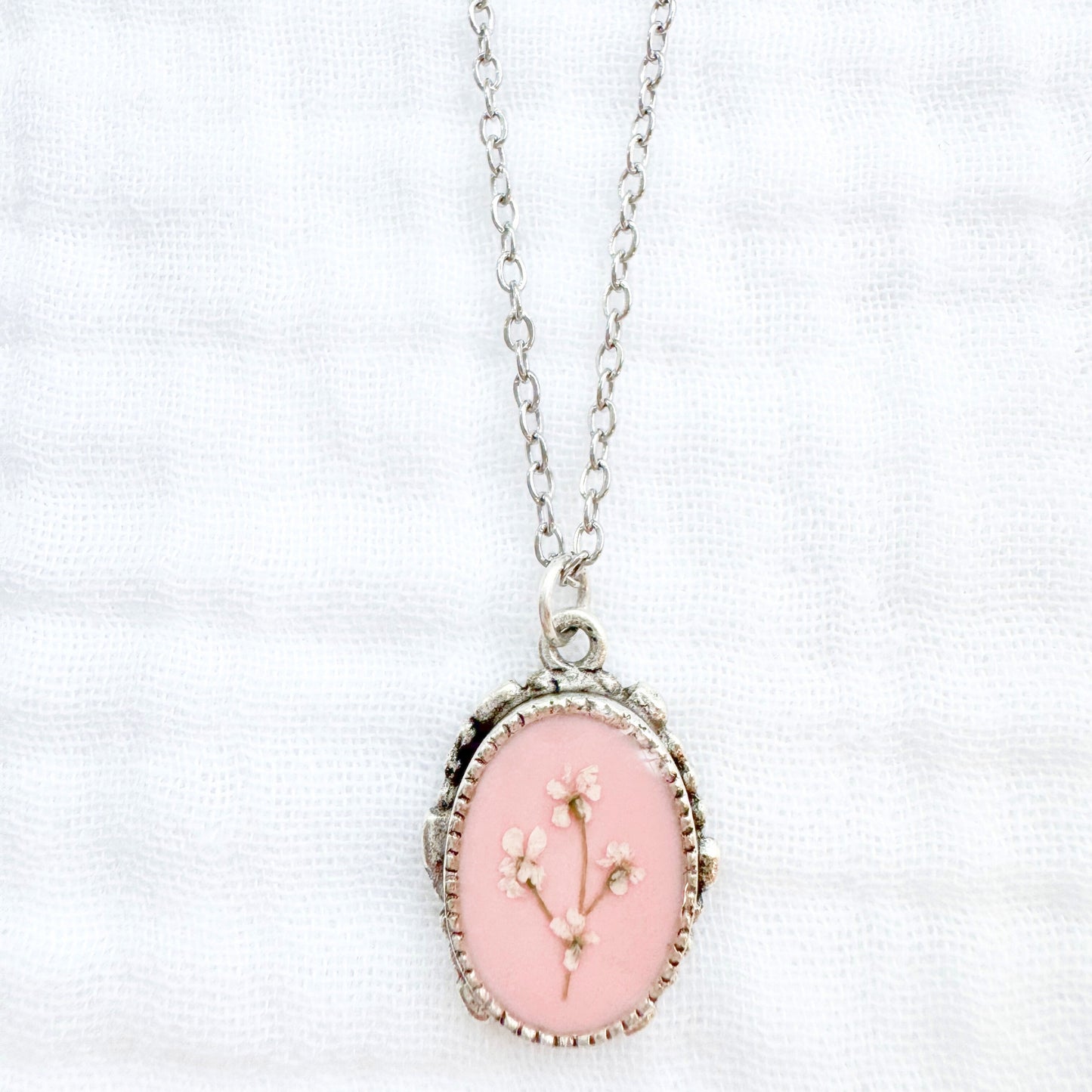 Emma Ornate Pressed Flower Necklace | Silver