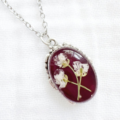 Garnet Ornate Pressed Flower Necklace | Silver