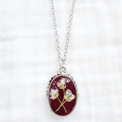 Garnet Ornate Pressed Flower Necklace | Silver