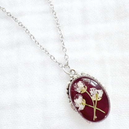 Garnet Ornate Pressed Flower Necklace | Silver