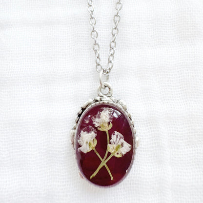 Garnet Ornate Pressed Flower Necklace | Silver