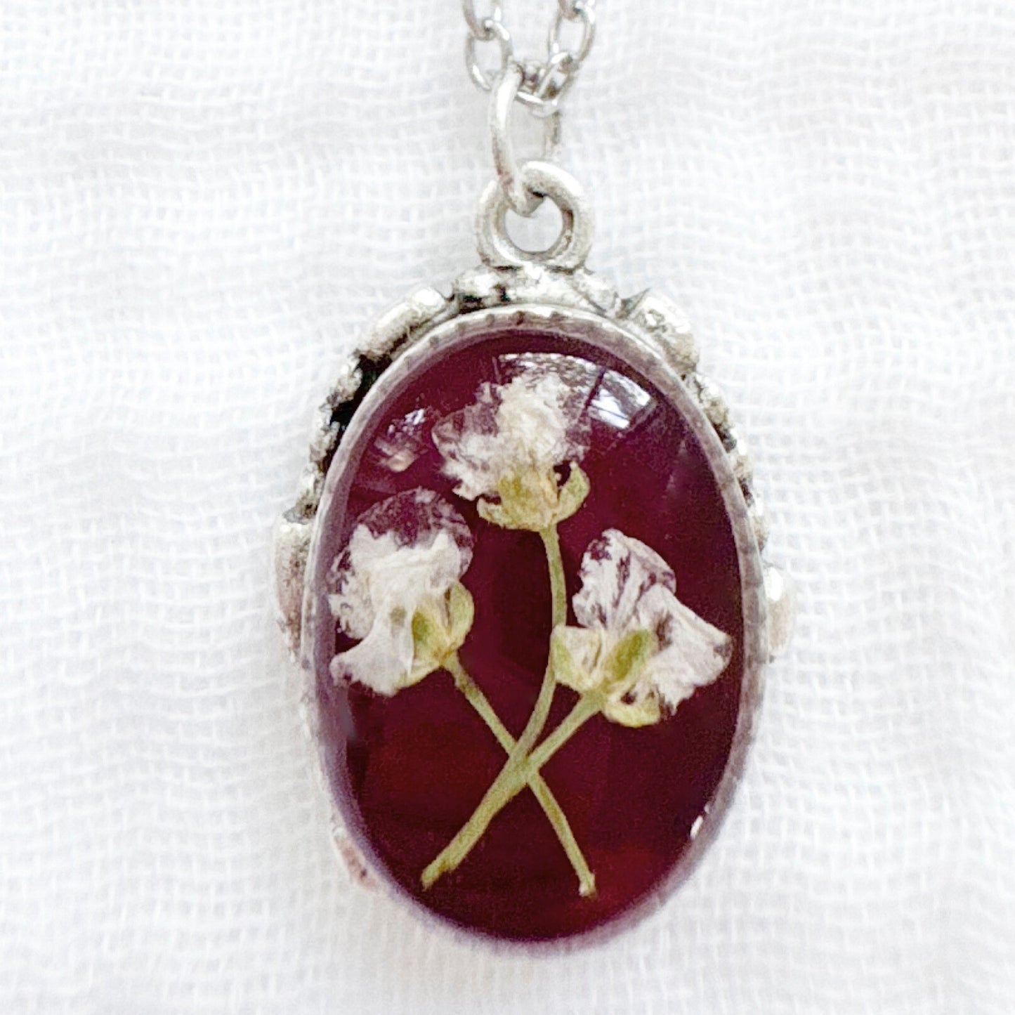 Garnet Ornate Pressed Flower Necklace | Silver