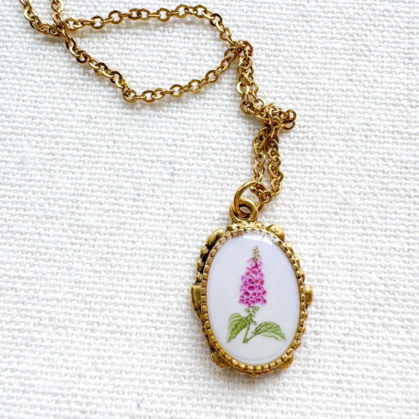 Foxglove Botanical Illustration Pendant Necklace | Gold