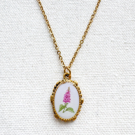 Foxglove Botanical Illustration Pendant Necklace | Gold