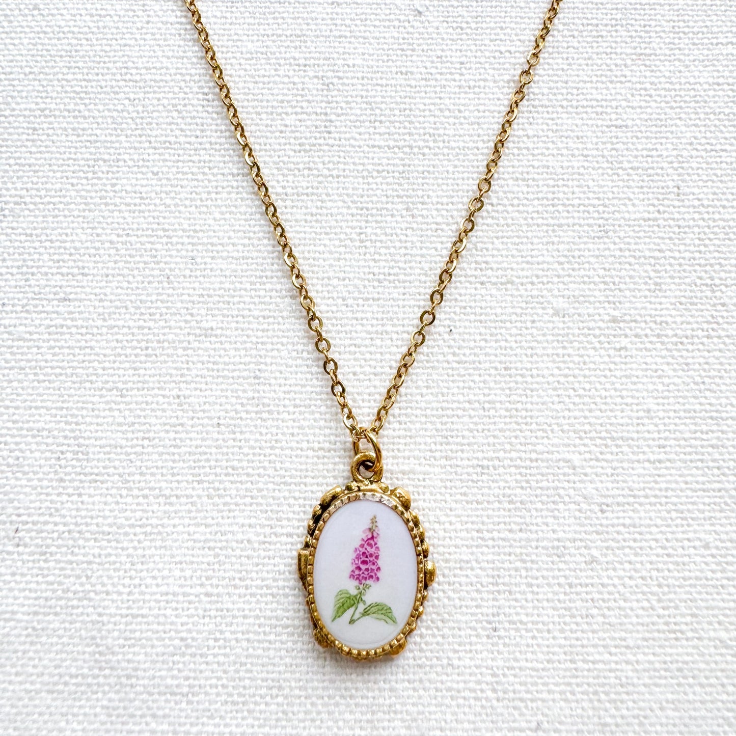 Foxglove Botanical Illustration Pendant Necklace | Gold