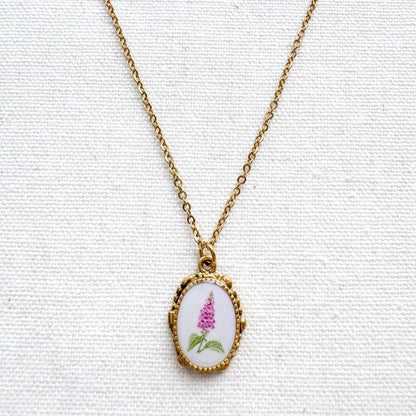 Foxglove Botanical Illustration Pendant Necklace | Gold