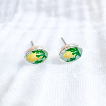 Hand-painted Botanical Lemon Oval Earrings | Silver