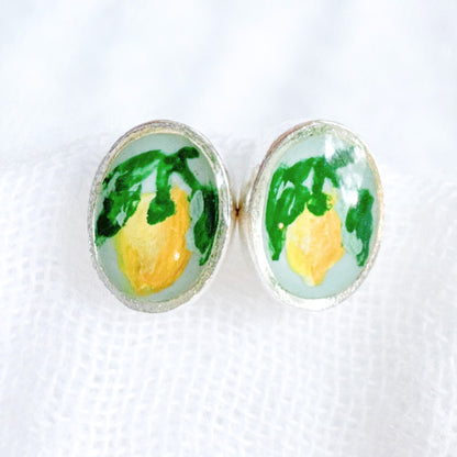Hand-painted Botanical Lemon Oval Earrings | Silver