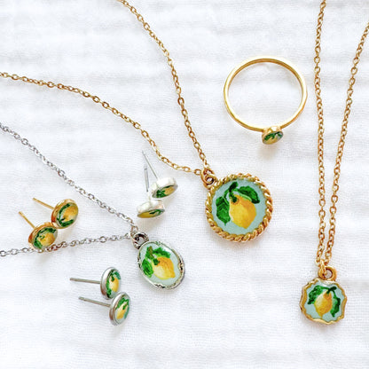 Hand-painted Botanical Lemon Earrings | Gold