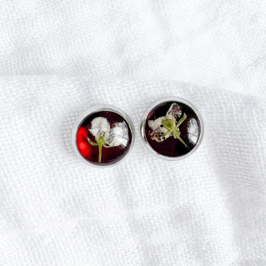 January Birthstone Garnet Pressed Flower Earrings | Silver