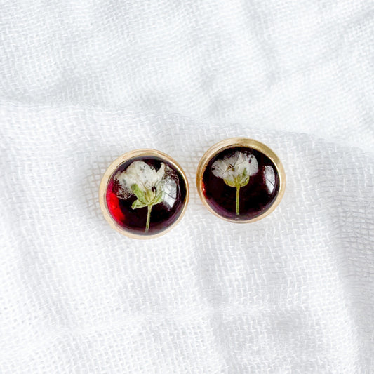 January Birthstone Garnet Pressed Flower Earrings | Gold