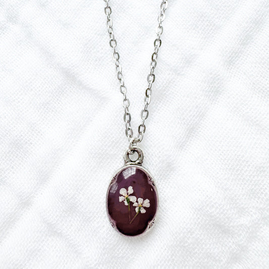 Jessie Mini Ornate Pressed Flower Necklace | Silver