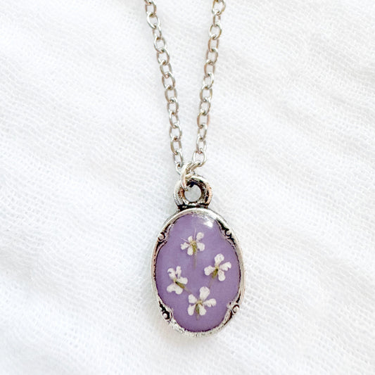 Jessie Mini Ornate Pressed Flower Necklace | Silver