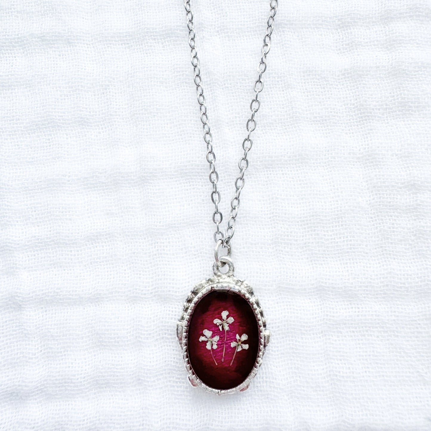 Ruby Ornate Pressed Flower Necklace | July Birthstone, Silver