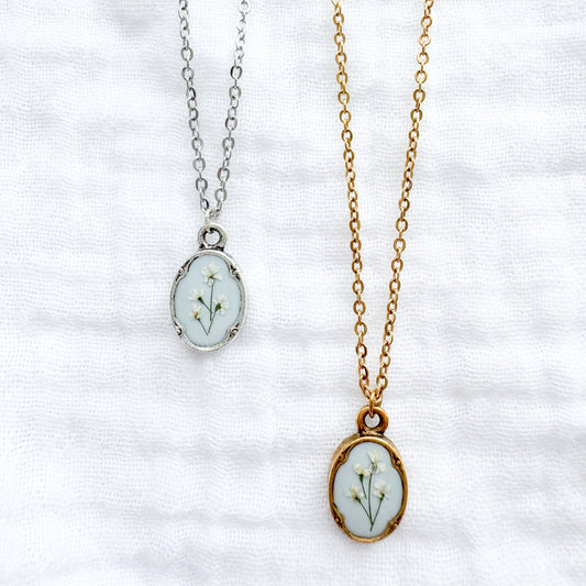 *Custom* Something Blue Pressed Flower Necklace | Gold or Silver