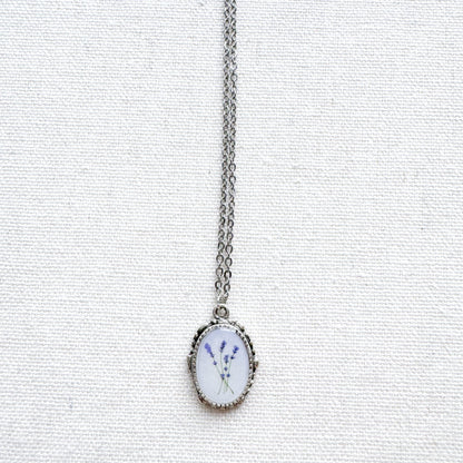 Lavender Botanical Illustration Pendant Necklace | Silver